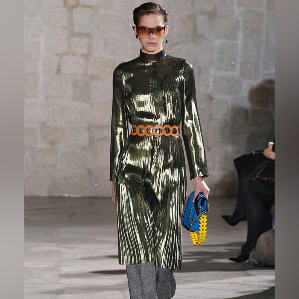 Loewe Shiny Pleated Lurex Midi Length Dress. Sweet shiny metallic olive green. - Picture 13 of 15